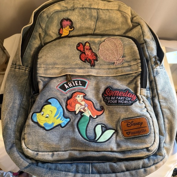 Disney Loungefly Ariel Little Mermaid Flounder Blue Denim Backpack With Patches main image 11